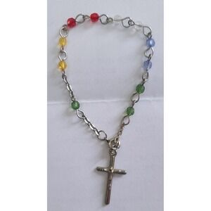 Vintage Multi-Color Beaded‎ Decade Rosary Bracelet Silver Tone Crucifix Chaplet